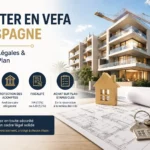 Illustration d'un achat immobilier neuf sur plan (VEFA) en Espagne avec immeuble en construction, garanties constructeur, protection des acomptes, fiscalité IVA/AJD et étapes de l'achat.