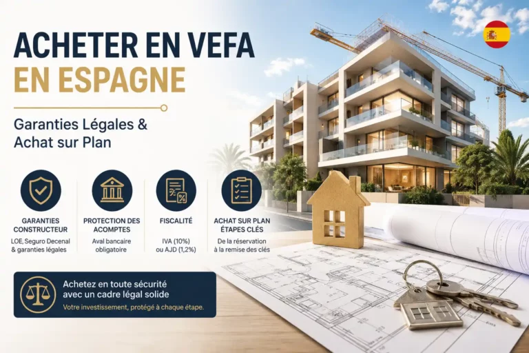 Illustration d'un achat immobilier neuf sur plan (VEFA) en Espagne avec immeuble en construction, garanties constructeur, protection des acomptes, fiscalité IVA/AJD et étapes de l'achat.
