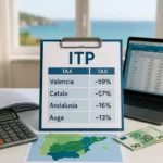 Illustration du calcul de l’ITP en Espagne : documents fiscaux, carte des régions avec taux d’imposition (Valence, Andalousie, Catalogne), calculette et clés de maison sur un bureau lumineux.