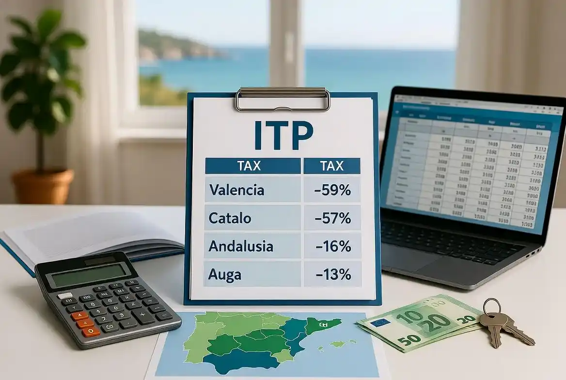 Illustration du calcul de l’ITP en Espagne : documents fiscaux, carte des régions avec taux d’imposition (Valence, Andalousie, Catalogne), calculette et clés de maison sur un bureau lumineux.