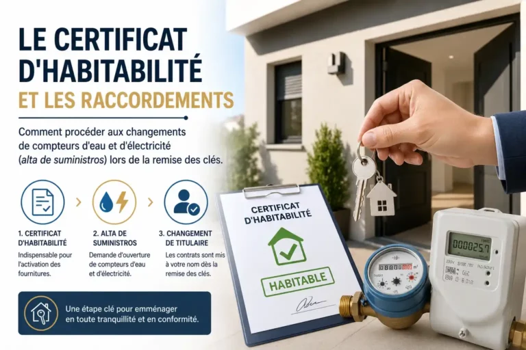 Illustration du certificat d'habitabilité en Espagne, de la remise des clés et des démarches de changement des compteurs d'eau et d'électricité (alta de suministros) lors d'un achat immobilier.