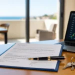 Photo illustrative d’un contrat d’arras ouvert sur un bureau en bois, accompagné d’un stylo plume, de clés de maison et d’un ordinateur portable, avec vue sur la mer Méditerranée en arrière-plan. Illustration pour guide sur l’achat immobilier en Espagne.