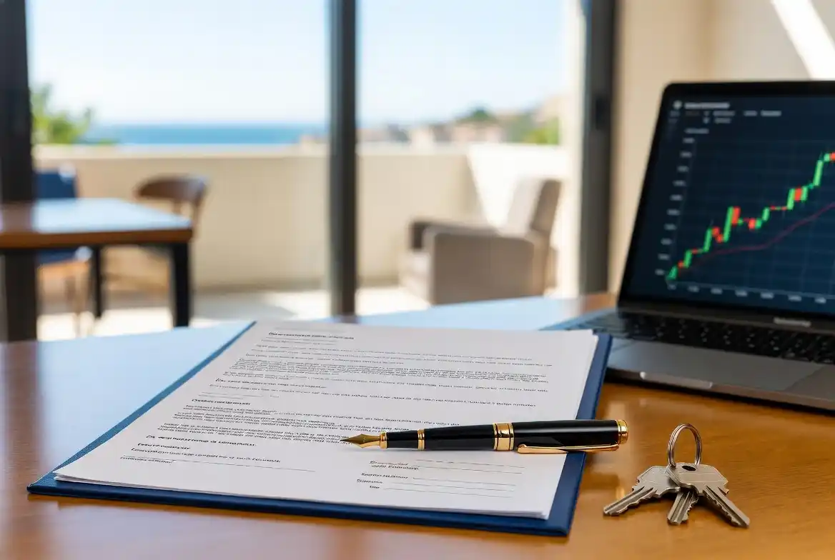 Photo illustrative d’un contrat d’arras ouvert sur un bureau en bois, accompagné d’un stylo plume, de clés de maison et d’un ordinateur portable, avec vue sur la mer Méditerranée en arrière-plan. Illustration pour guide sur l’achat immobilier en Espagne.