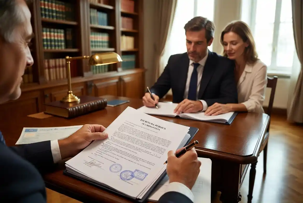 Signature officielle de l'Escritura Pública de Compraventa chez le notaire en Espagne.