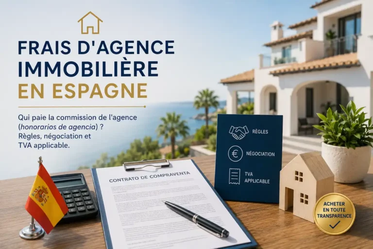 Illustration des frais d'agence immobilière en Espagne expliquant qui paie la commission de l'agence (honorarios de agencia), les règles applicables, la négociation des honoraires et la TVA lors d'un achat immobilier.