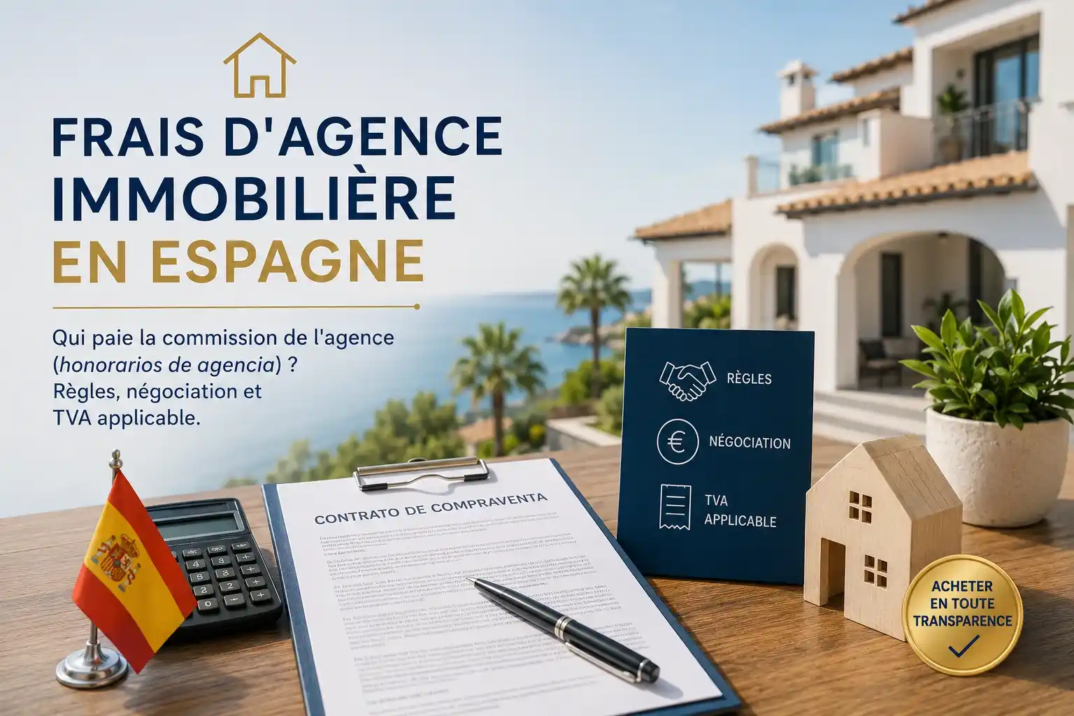 Illustration des frais d'agence immobilière en Espagne expliquant qui paie la commission de l'agence (honorarios de agencia), les règles applicables, la négociation des honoraires et la TVA lors d'un achat immobilier.