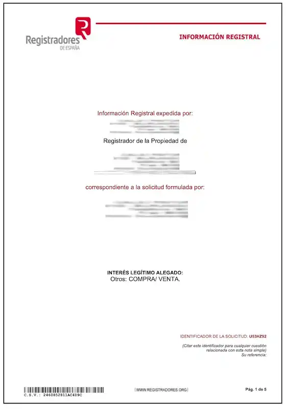 Exemple de document officiel Nota Simple Informativa du Registro de la Propiedad en Espagne pour achat immobilier.