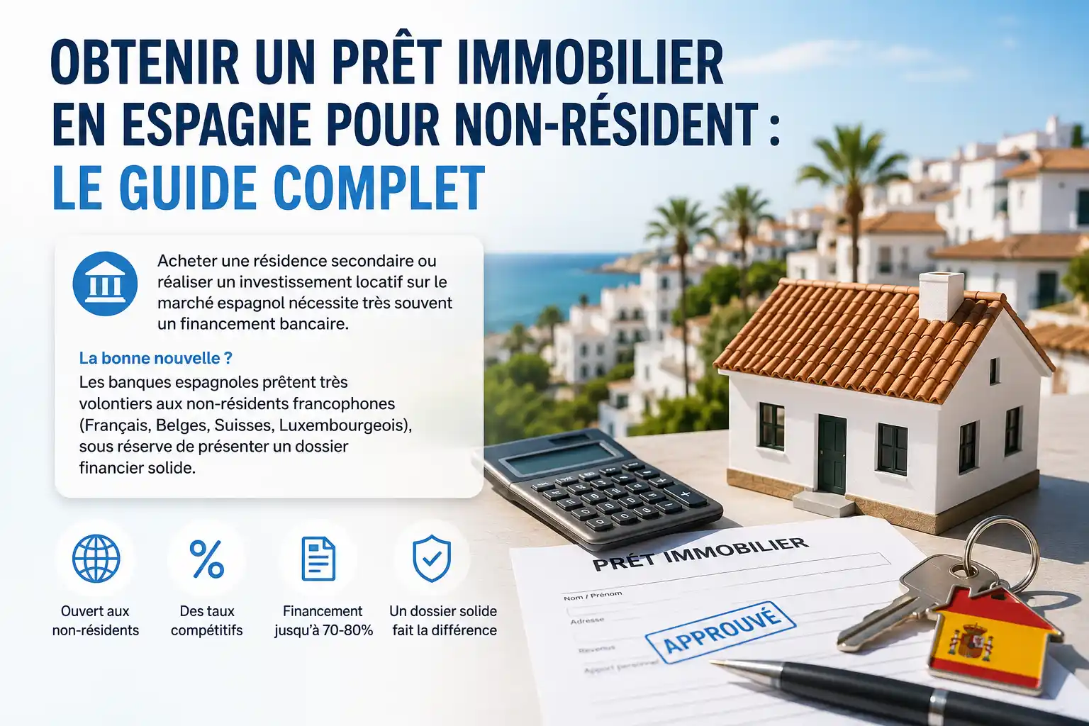 Maison en Espagne avec dossier de prêt immobilier et calculatrice illustrant le financement bancaire d'un achat immobilier en Espagne pour un non-résident.