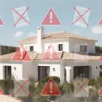 Villa moderne en Espagne entourée de symboles d’avertissement rouges et de documents barrés, illustrant les pièges à éviter lors d’un achat immobilier en Espagne.