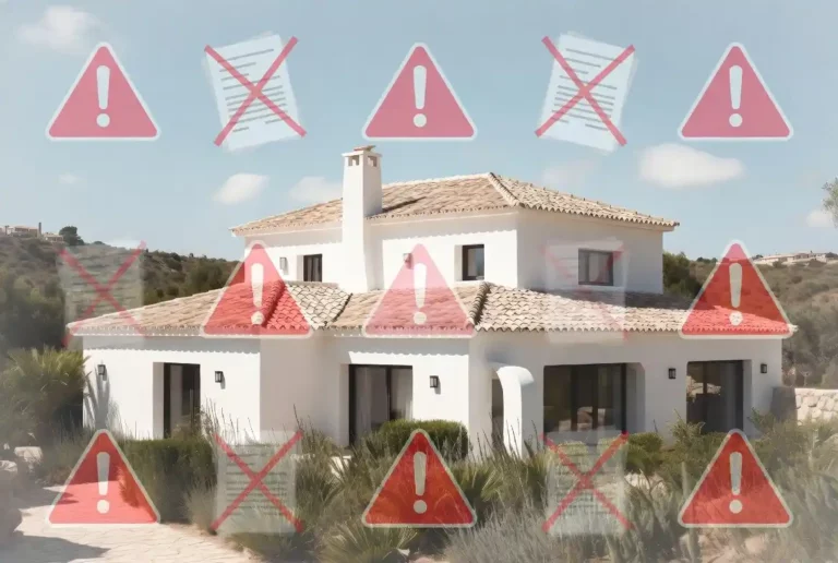 Villa moderne en Espagne entourée de symboles d’avertissement rouges et de documents barrés, illustrant les pièges à éviter lors d’un achat immobilier en Espagne.
