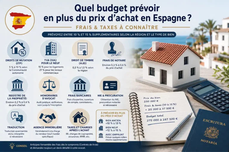 Infographie présentant les principaux frais et taxes à prévoir lors d'un achat immobilier en Espagne : ITP, TVA, AJD, frais de notaire, registre de la propriété, honoraires d'avocat et budget total estimé.