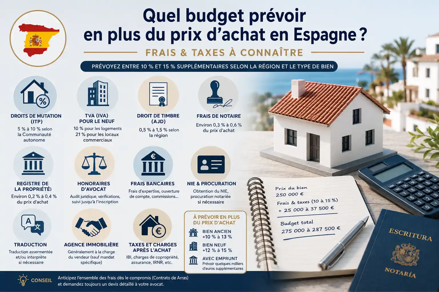 Infographie présentant les principaux frais et taxes à prévoir lors d'un achat immobilier en Espagne : ITP, TVA, AJD, frais de notaire, registre de la propriété, honoraires d'avocat et budget total estimé.