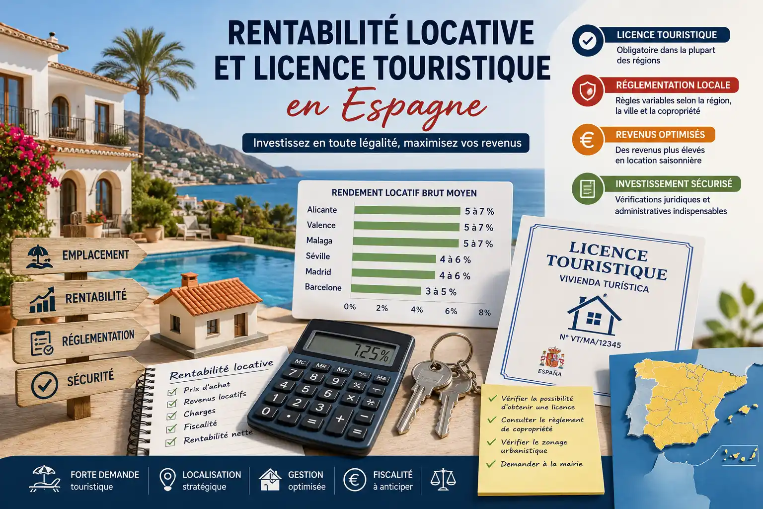 Maison de vacances en Espagne avec piscine, graphique de rentabilité locative, calculatrice, clés et symbole de licence touristique illustrant l'investissement immobilier locatif.