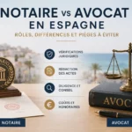 Illustration comparant le rôle du notaire et de l'avocat en Espagne lors d'un achat immobilier : vérifications juridiques, signature de l'acte, conseil et sécurité de la transaction.