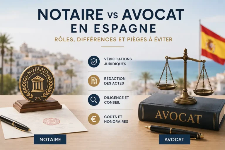 Illustration comparant le rôle du notaire et de l'avocat en Espagne lors d'un achat immobilier : vérifications juridiques, signature de l'acte, conseil et sécurité de la transaction.