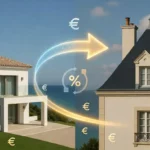 Illustration d’un transfert d’argent international entre une villa moderne en Espagne et une maison traditionnelle en France, symbolisant les économies réalisées sur les frais de change pour un achat immobilier.