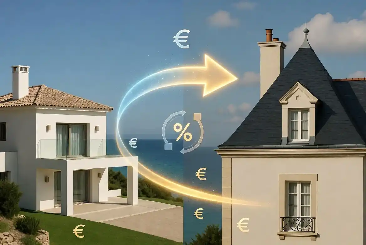 Illustration d’un transfert d’argent international entre une villa moderne en Espagne et une maison traditionnelle en France, symbolisant les économies réalisées sur les frais de change pour un achat immobilier.
