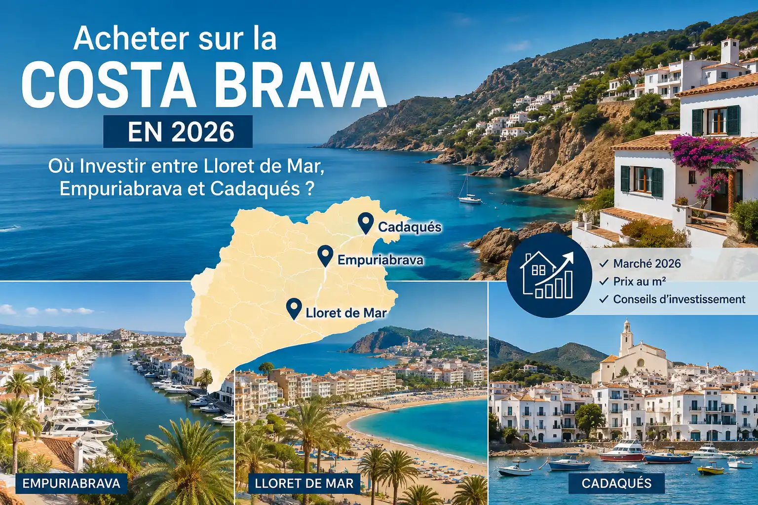 Carte illustrée de la Costa Brava présentant Lloret de Mar, Empuriabrava et Cadaqués pour un guide d'achat immobilier et d'investissement en Espagne en 2026.