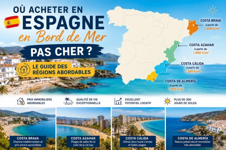 Carte des régions d'Espagne les plus abordables pour acheter un bien immobilier en bord de mer en 2026 : Costa de Almería, Costa Cálida, Costa Azahar et Costa Brava.
